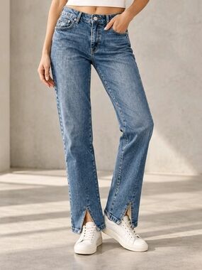 Good American Good Legs Straight Front Split Hem Jeans Medium Wash - Size 10/30